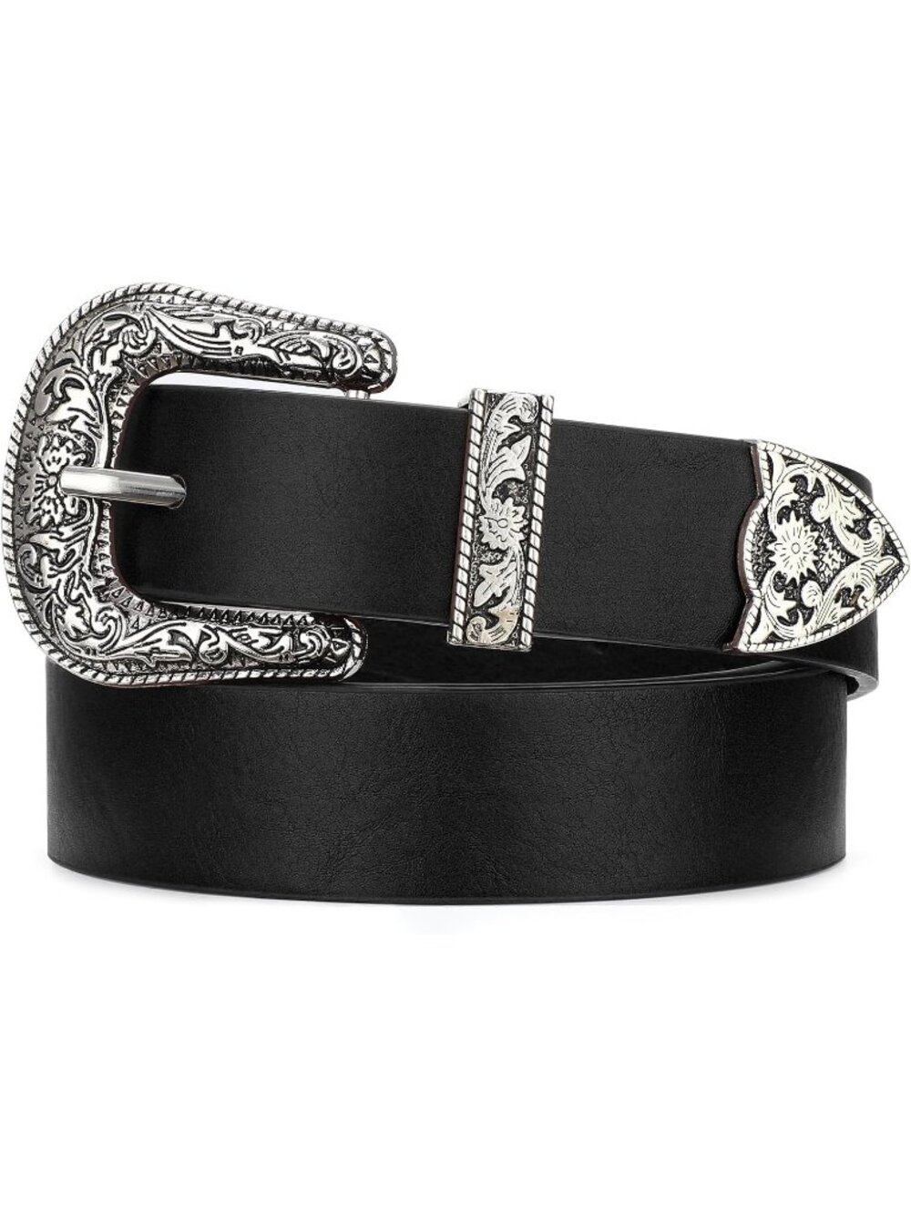 Women's Black Faux Leather Belt Western Cowboy Vintage Engraved Buckle Belt
